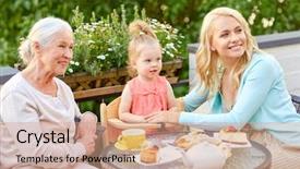  Presentation with restaurant family - Amazing slide deck having daughter and grandmother at cafe backdrop and a coral colored foreground