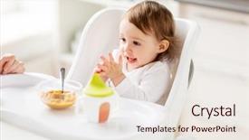  Presentation with baby food - PPT layouts having food child feeding and people concept - happy little baby girl with puree sitting in highchair and eating at home background and a sky blue colored foreground