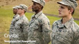  Presentation with boot camp - Cool new PPT layouts with troop - group of military soldiers standing backdrop and a gray colored foreground