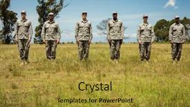  Presentation with boot camp - Amazing PPT theme having troop - group of military soldiers standing backdrop and a gold colored foreground