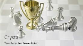  Presentation with chess pieces - Amazing PPT layouts having trophy with chess pieces on the chess board backdrop and a light gray colored foreground