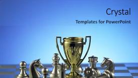  Presentation with chess board - PPT theme consisting of trophy with chess pieces on the chess board background and a light blue colored foreground