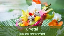  Presentation with tropical fruit - Presentation featuring tropical - exotic fruit salad served background and a tawny brown colored foreground