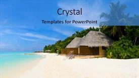  Presentation with tropical beach party - Slides enhanced with tropical beach and bungalows - travel background and a teal colored foreground