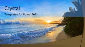  Presentation with nata de coco tropical fruit - PPT theme featuring tropical beach at sunset - nature background and a light blue colored foreground