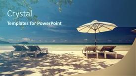  Presentation with lounge - Amazing theme having tropical beach background with palm trees blue sky and lounge chairs with umbrellas vintage effect backdrop and a ocean colored foreground