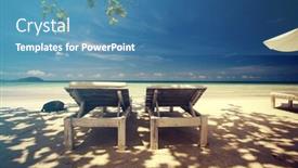  Presentation with lounge - Colorful slide deck enhanced with tropical beach background with palm trees blue sky and lounge chairs with umbrellas vintage effect backdrop and a teal colored foreground