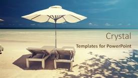  Presentation with lounge - Beautiful slides featuring tropical beach background with palm trees blue sky and lounge chairs with umbrellas vintage effect backdrop and a soft green colored foreground