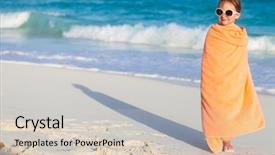  Presentation with girl running on the beach clouds - PPT theme having smiling and playing yellow duck background and a soft green colored foreground.