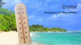  Presentation with hot thermometer - Colorful PPT theme enhanced with tropical beach hot summer weather backdrop and a light blue colored foreground