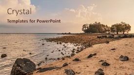  Presentation with tropical beach sunset - PPT theme having tropical-beach-in-ebb-time background and a soft green colored foreground