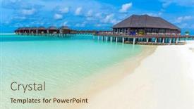  Presentation with lagoon - Amazing PPT theme having tropical beach in maldives with few palm trees and blue lagoon backdrop and a lemonade colored foreground