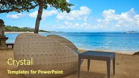  Presentation with palm tree - Colorful presentation design enhanced with tropical beach panorama with deckchairs umbrellas boats and palm tree backdrop and a tawny brown colored foreground