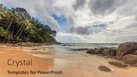  Presentation with gloomy - Presentation theme enhanced with tropical-beach-under-gloomy-sky background and a coral colored foreground
