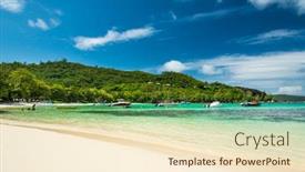  Presentation with fishing boats - Audience pleasing presentation design consisting of tropical-beach-with-anchored-fishing backdrop and a cream colored foreground