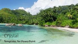  Presentation with turquoise beach - PPT layouts having tropical-beach-with-palm-trees background and a mint green colored foreground