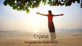  Presentation with sun rise - Beautiful slide set featuring tropical beach with rised hand backdrop and a  colored foreground