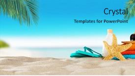  Presentation with tropical holiday - Beautiful PPT theme featuring tropical beach with sunbathing accessories backdrop and a cyan colored foreground