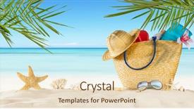  Presentation with tropical holiday - PPT theme having tropical beach with sunbathing accessories background and a lemonade colored foreground
