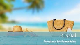  Presentation with tropical holiday - Slides enhanced with tropical beach with sunbathing accessories background and a teal colored foreground