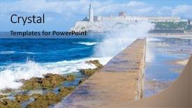  Presentation with crashing waves - Beautiful presentation design featuring tropical cyclone - el morro castle in havana backdrop and a light blue colored foreground