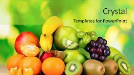  Presentation with tropical fruit - Slides enhanced with tropical food - ripe juicy fruit on wooden background and a  colored foreground