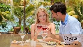  Presentation with lunch - Presentation having tropical food - young couple enjoying lunch background and a coral colored foreground