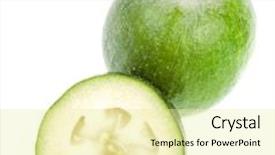  Presentation with tropical fruit - Slides having tropical fruit feijoa acca sellowiana close up macro shot isolated on white background background and a blonde colored foreground