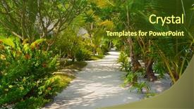  Presentation with pathway - Presentation theme enhanced with tropical garden - bungalows on beach and sand background and a tawny brown colored foreground