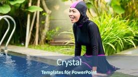  Presentation with halal - Colorful PPT layouts enhanced with tropical garden wearing burkini halal backdrop and a ocean colored foreground