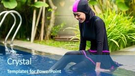  Presentation with halal - Slide deck enhanced with tropical garden wearing burkini halal background and a ocean colored foreground
