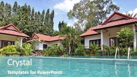  Presentation with beautiful houses - Audience pleasing PPT theme consisting of tropical houses with beautiful garden and pool backdrop and a seafoam green colored foreground