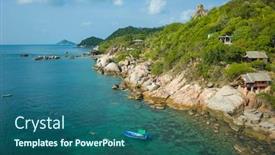  Presentation with destination - Audience pleasing presentation consisting of tropical-island-coastline-coast backdrop and a ocean colored foreground