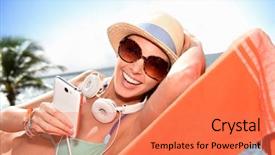  Presentation with cheerful stylish city girl using - Slide set with tropical music - cheerful funny girl relaxing background and a  colored foreground