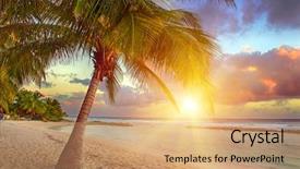  Presentation with tropical beach sunset - Amazing slide deck having tropical paradise - beautiful sunset over the sea backdrop and a coral colored foreground