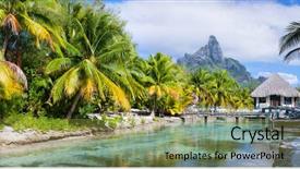  Presentation with mountain view - Presentation theme featuring tropical paradise - panorama of a beautiful coast background and a gold colored foreground