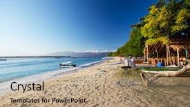  Presentation with beach sands - Presentation theme with tropical sandy beach with buildings background and a coral colored foreground