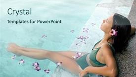  Presentation with hair spa - Amazing slide deck having girl with orchid in hair relaxing in tropical spa pool decorated with flowers in luxury hotel backdrop and a sky blue colored foreground