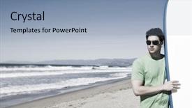  Presentation with beach litter - Presentation theme having tropical sunset cross silhouette - young surfer at the beach background and a  colored foreground