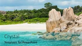  Presentation with turquoise beach - Presentation design consisting of tropical turquoise sea and a beach with granite boulders background and a teal colored foreground