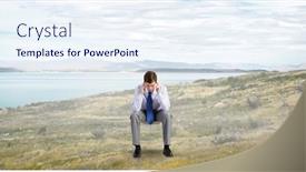  Presentation with mountain top - Slide set enhanced with troubled businessman sitting in chair on top of mountain background and a sky blue colored foreground