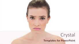  Presentation with brown - Slide deck featuring troubled natural brown haired model looking at camera on white background background and a lemonade colored foreground