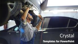  Presentation with garage car - PPT theme enhanced with troubleshooting technician checking car back in garage background and a dark gray colored foreground