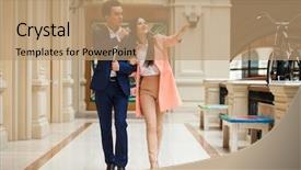  Presentation with walking young wild jaguar - Beautiful presentation theme featuring trousers - young couple is walking backdrop and a coral colored foreground