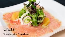  Presentation with trout - Slide deck featuring trout carpaccio with citrus salad background and a coral colored foreground