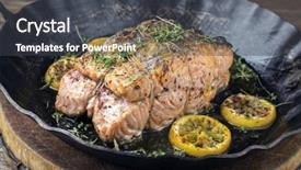  Presentation with trout - Presentation featuring trout farm - salmon fillet in frying pan background and a dark gray colored foreground