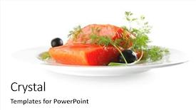  Presentation with salmon dish - Cool new slide deck with single pink salmon bit on a big white dish backdrop and a white colored foreground