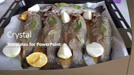  Presentation with fishes - Colorful presentation theme enhanced with trout-fishes-on-oven-tray backdrop and a violet colored foreground