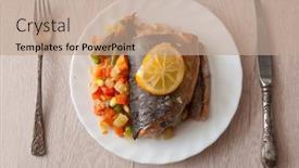  Presentation with trout - Theme having trout-steaks-in-plate-placed background and a coral colored foreground
