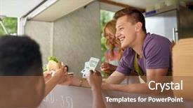  Presentation with food truck - Colorful slide set enhanced with truck and customers paying money backdrop and a tawny brown colored foreground
